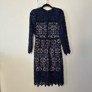 Zara Navy Blue Long Sleeve Lace Midi Dress (size M)